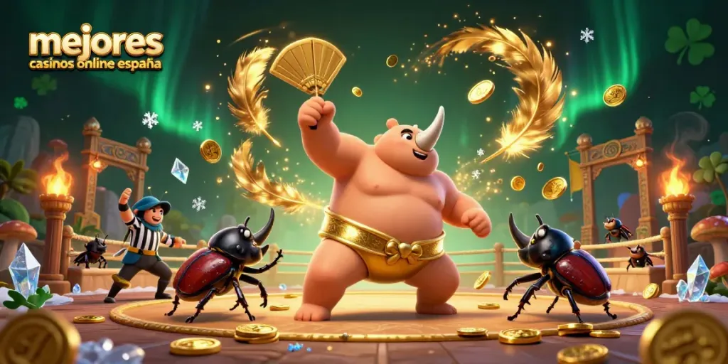Ilustración detallada de mejores casinos online España con un escarabajo rinoceronte luchando y monedas volando.