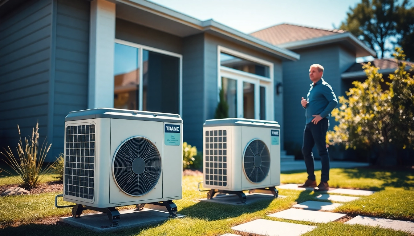 Install Trane heat pumps efficiently in a modern home with a bright landscape.