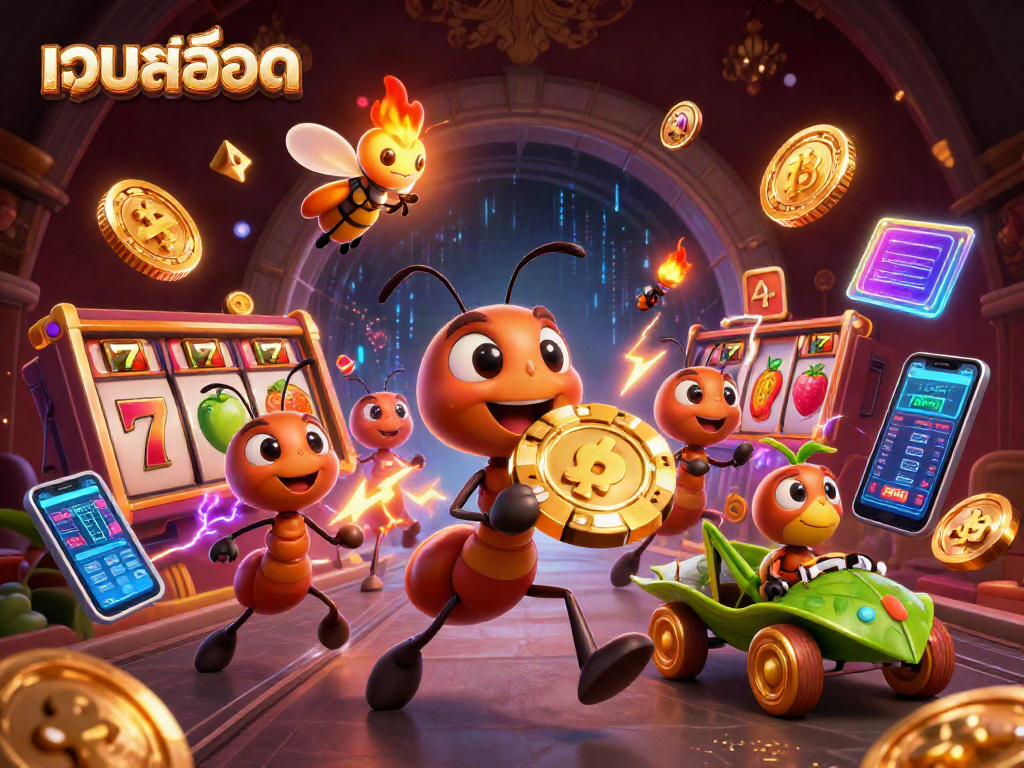 Experience thrilling เว็บสล็อต adventures with cartoon ants heisting a giant poker chip amid vibrant casino visuals.