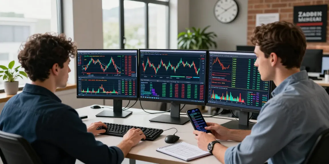 Trader using MetaTrader 5 platform in a modern office analyzing Forex and stock charts.
