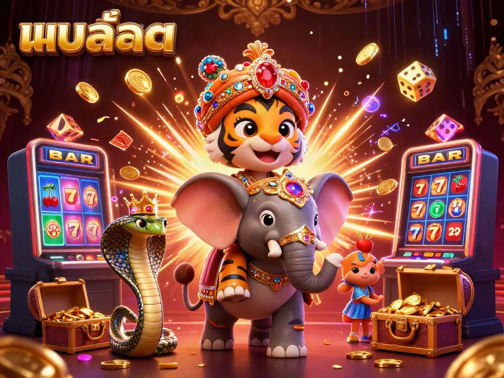 Experience the thrill of แบบสล็อต with a vibrant 3D scene featuring a regal tiger, elephant, and glowing casino elements.
