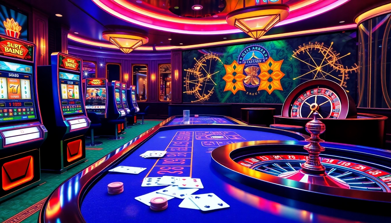 Scène excitante représentant un site de casino en ligne, avec des machines à sous vibrantes et des tables de poker.
