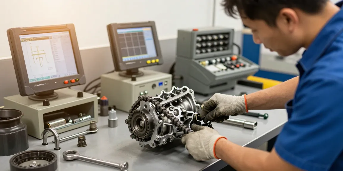 Professioneller Mechaniker beim Wechseln der BMW Steuerkette in moderner Werkstatt mit hochwertigen Werkzeugen.