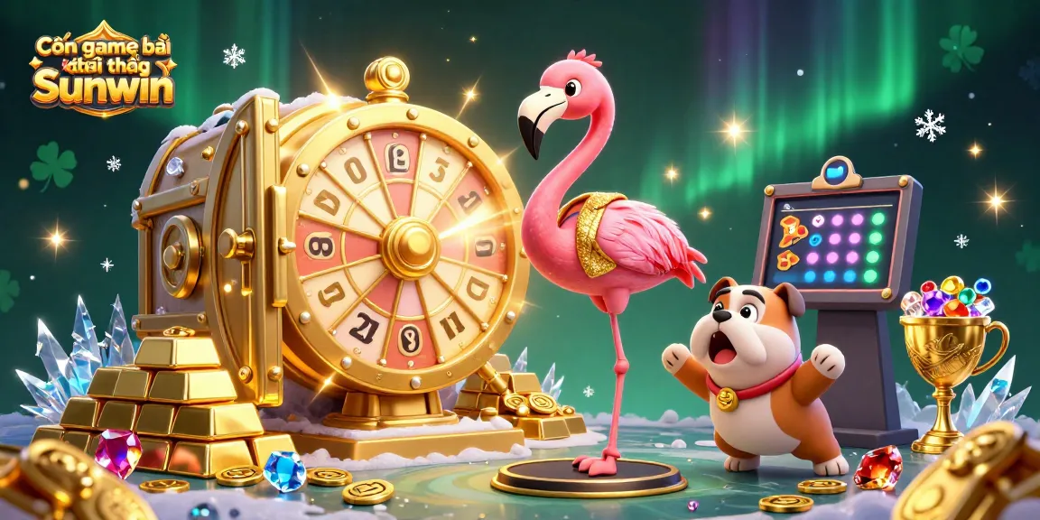 Cổng game bài đổi thưởng Sunwin showcases a vibrant scene with a game host, contestant, and assistant amid dazzling casino elements, creating dynamic excitement.