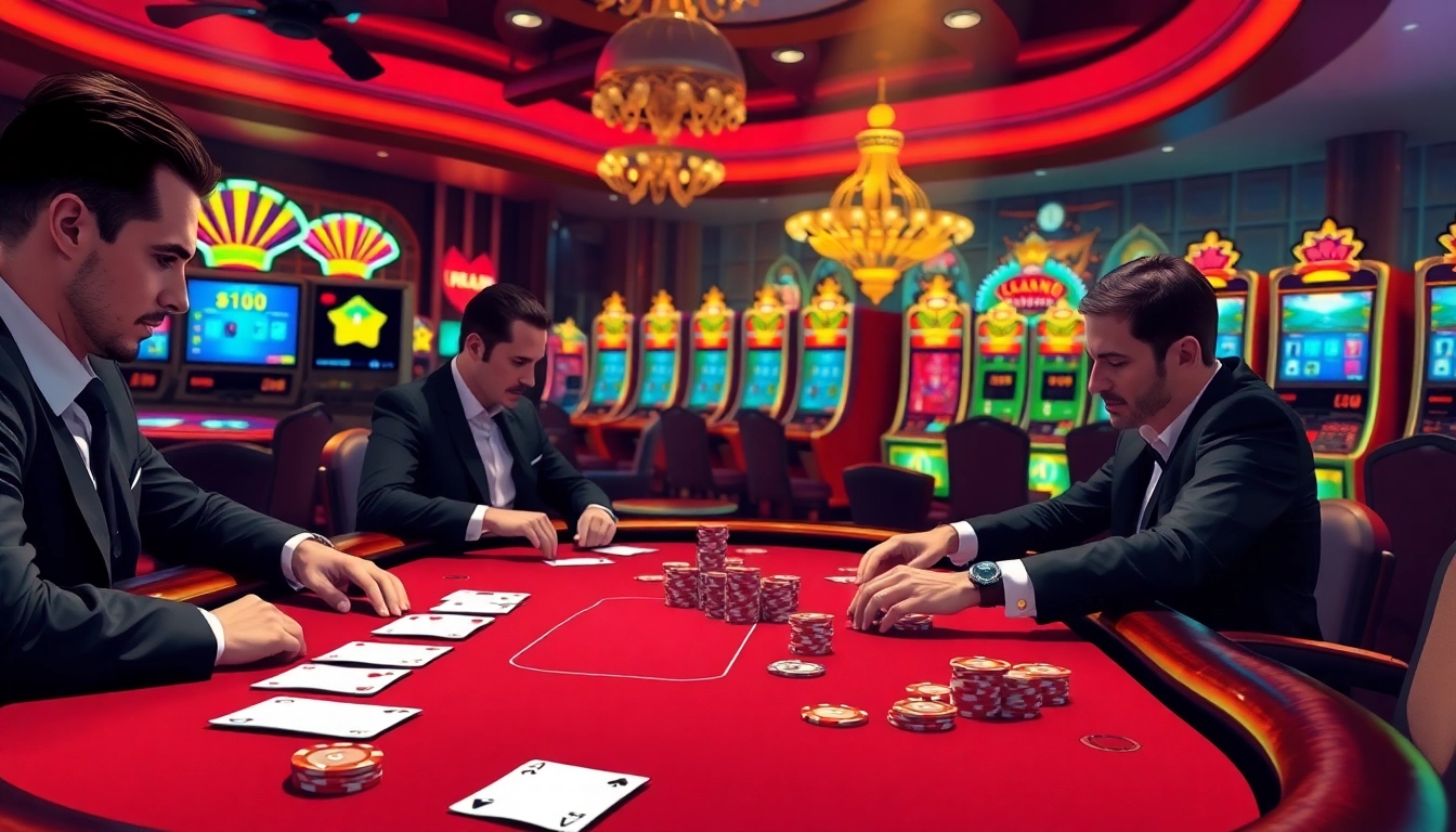 Plongez dans l'atmosphère vibrante d'un site de casino en ligne, présentant un gameplay de poker passionnant et des machines à sous colorées.