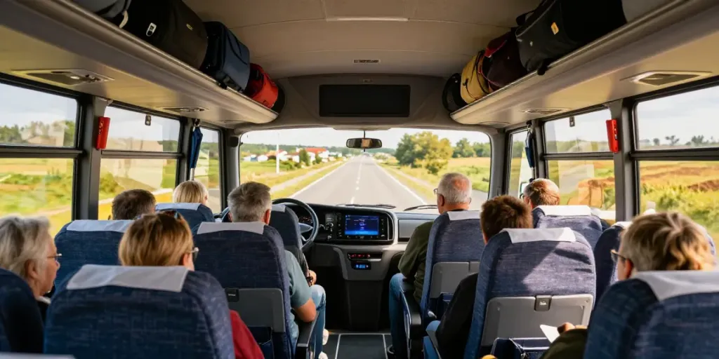 Transport persoane Moldova Europa cu autobuz modern pe drum, pasageri relaxați.