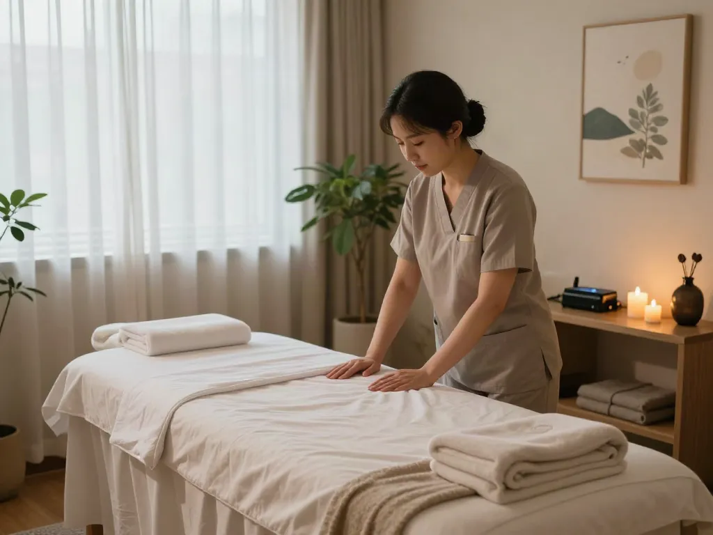 Relaxing massage therapy room setting for 상봉동출장마사지 with ambient light, essential oils, and serene décor.