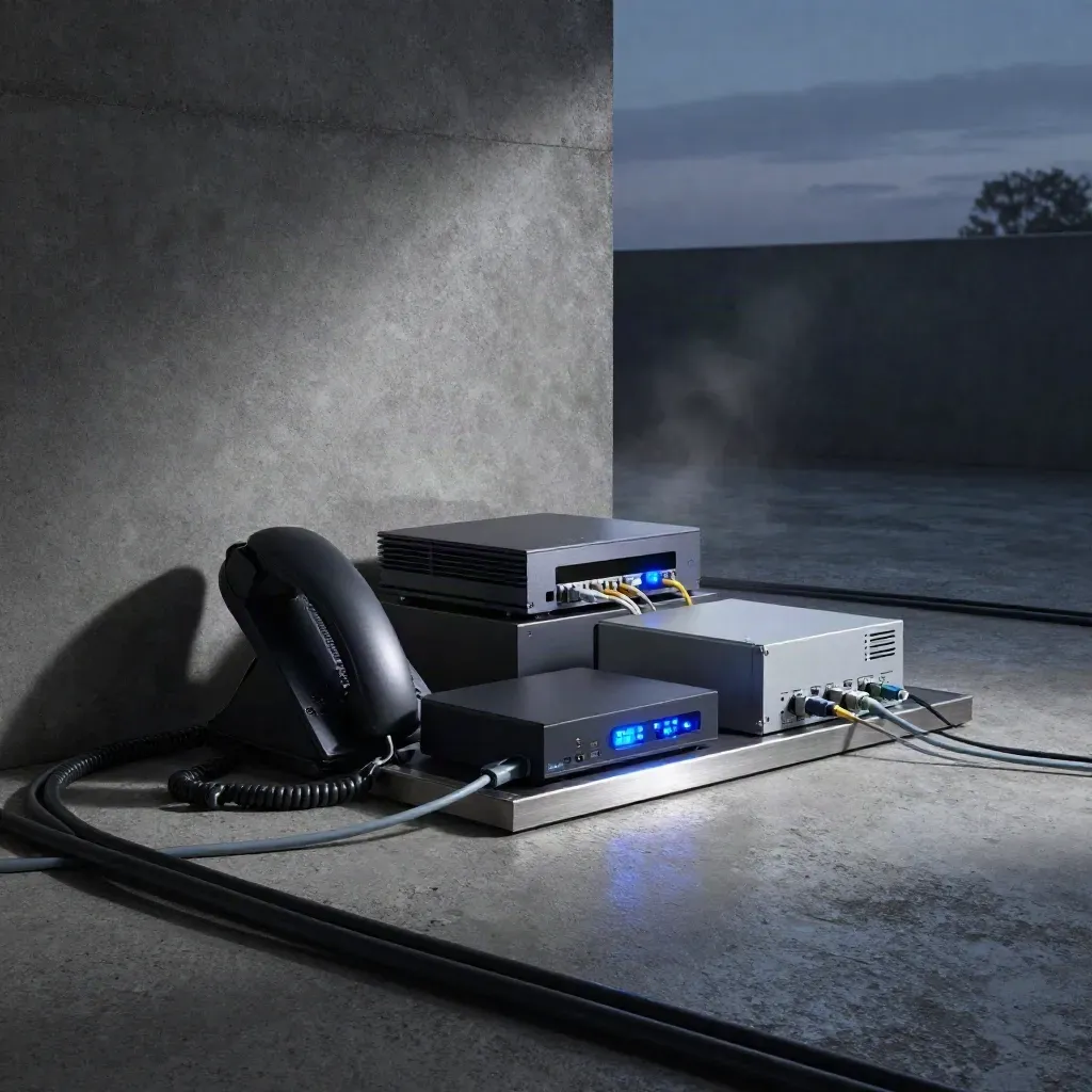 Moody telecom nook with VoIP gear, modem, UPS and glowing blue status lights.