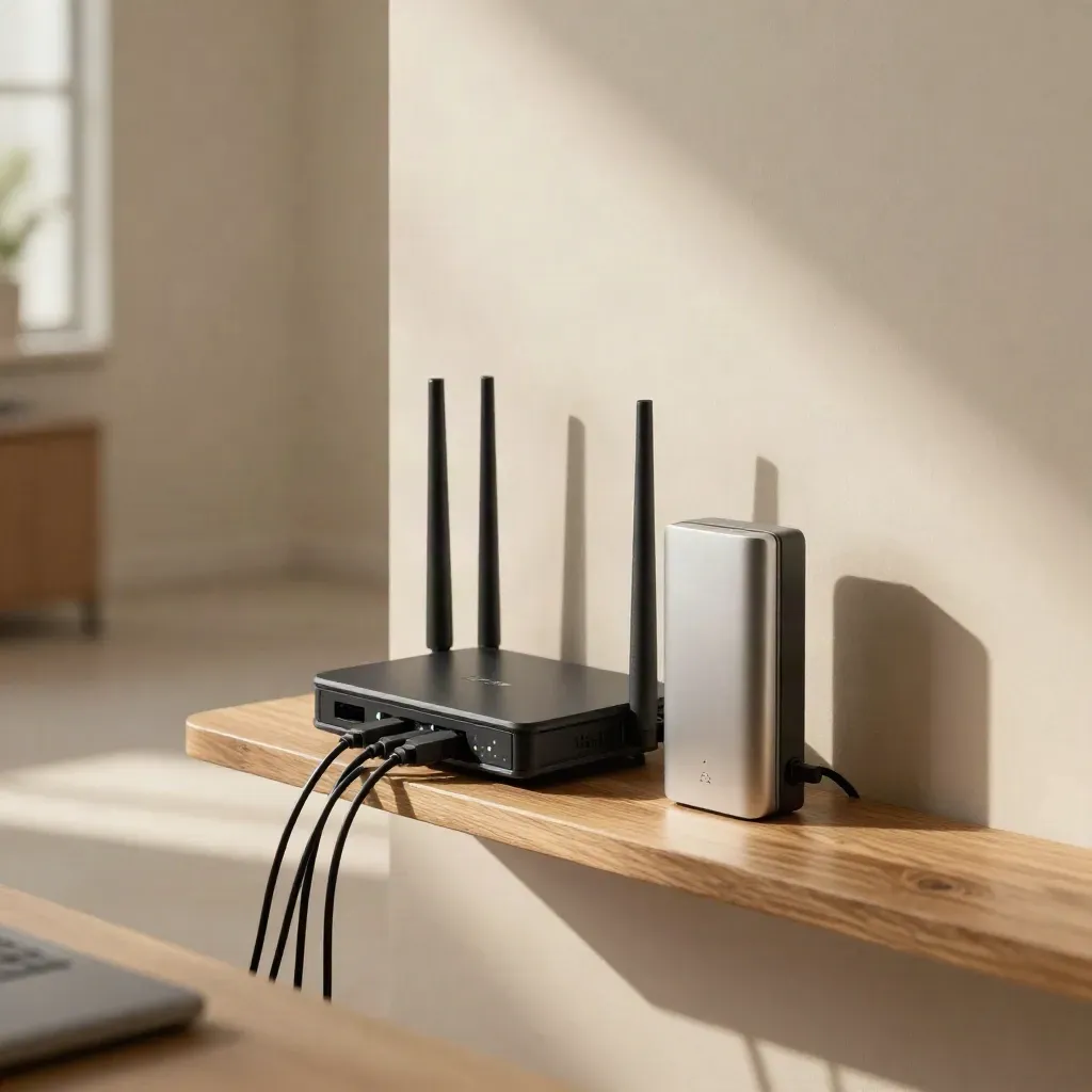 Desk-phone bases, router, access point and gateway in a bright office corner