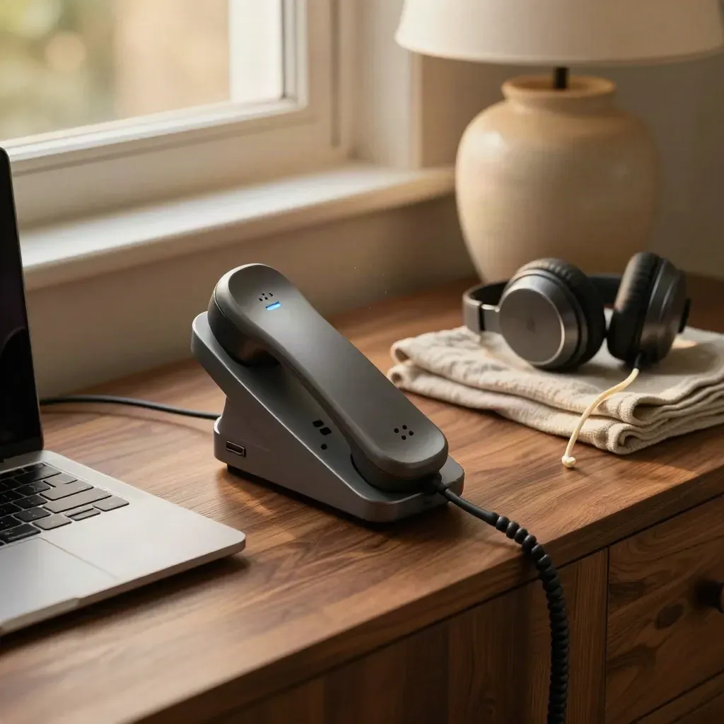 Desk phone docking beside a closed laptop and headset on a warm home-office credenza.