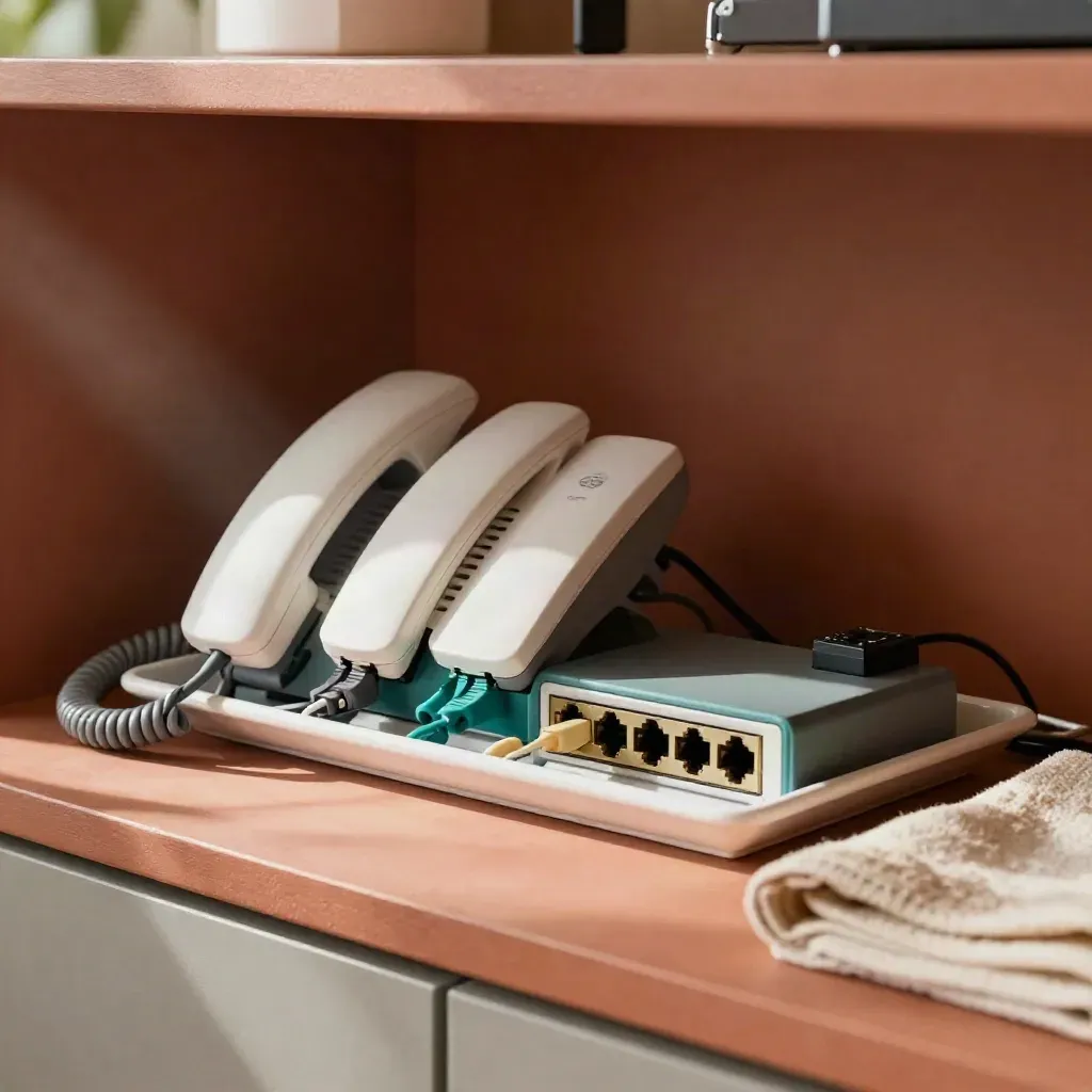 Patch leads route three desk phones through a compact switch on a warm telecom workbench.