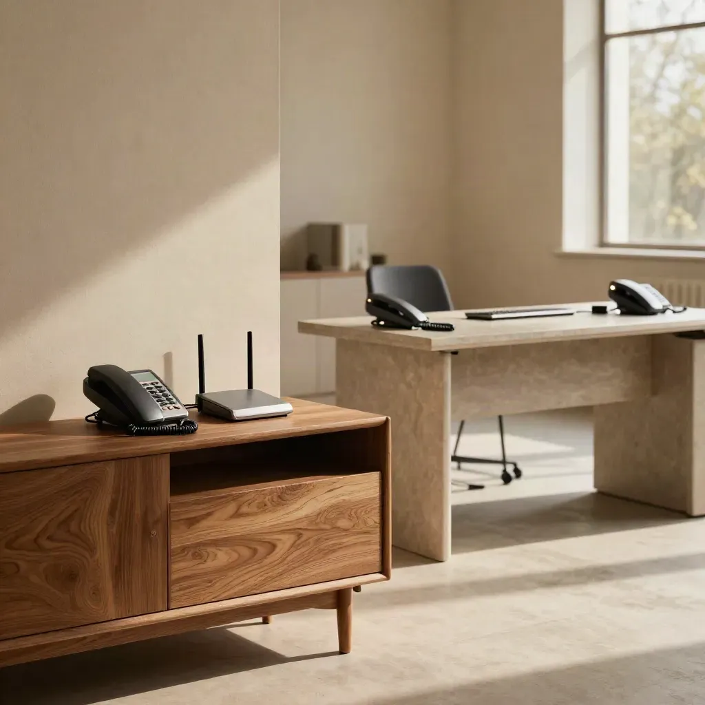 Two mirrored desk phone and router setups glow in a sunlit home-and-office telecom scene.