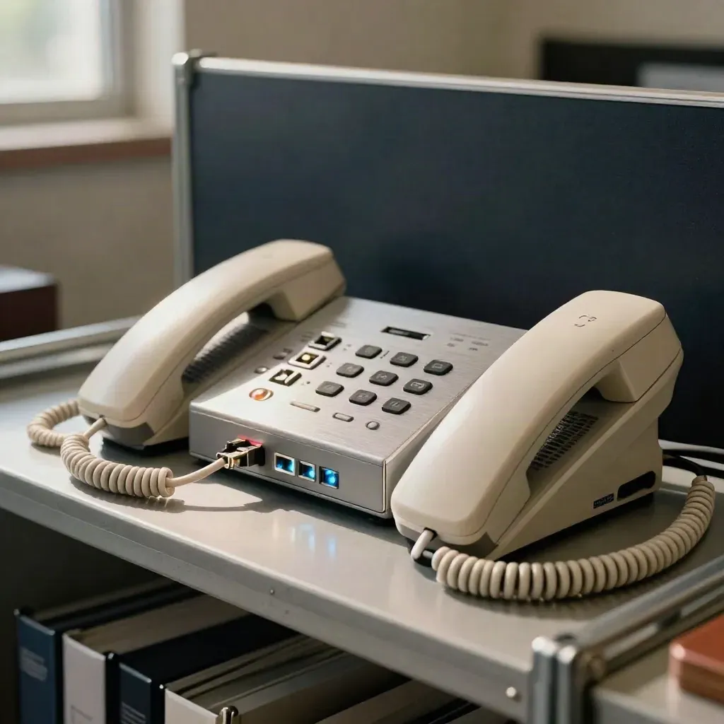 Retail call hub with phones, routing switch, and glowing port lights on a service shelf.