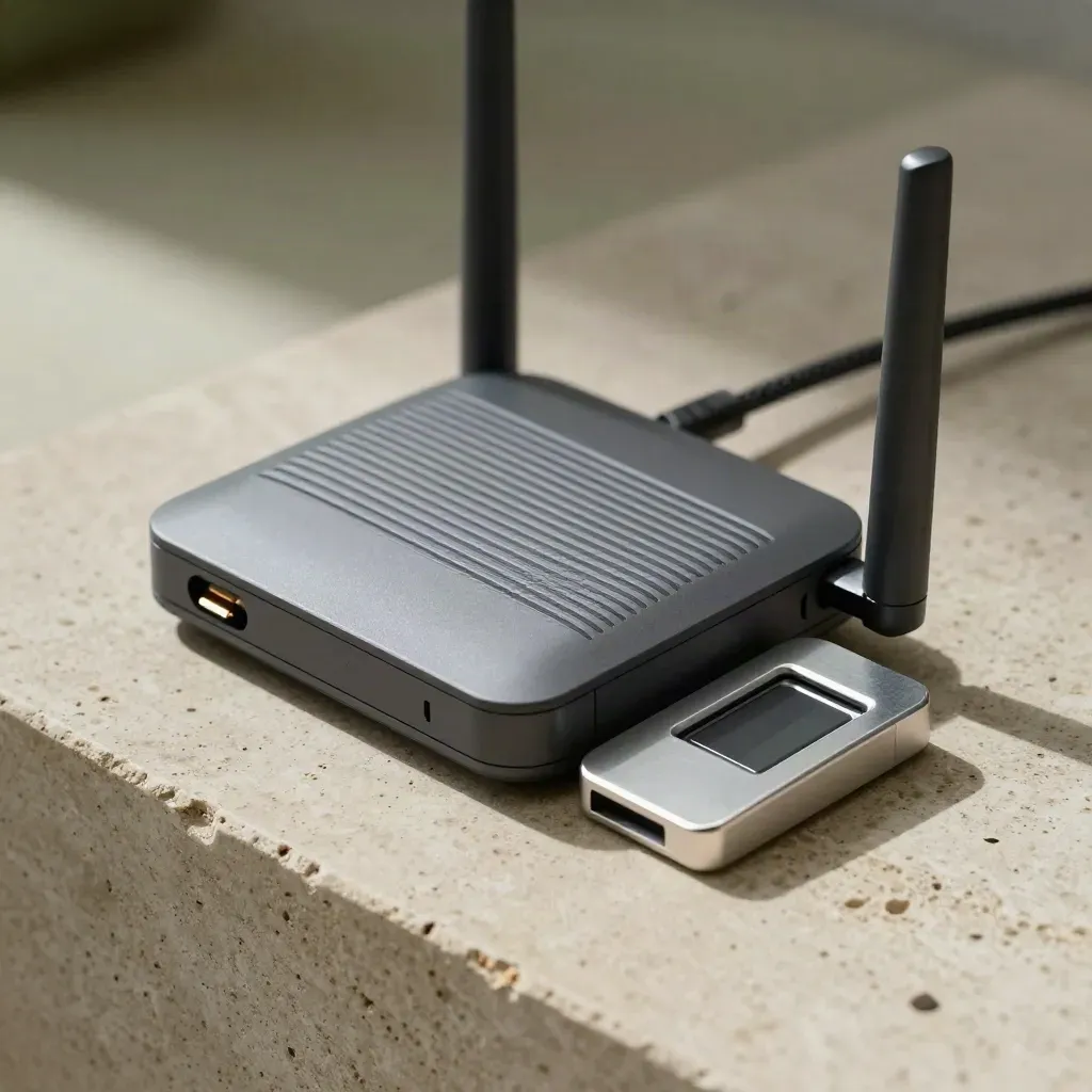 Telecom router, handset base, and SIM tray on a limestone slab in soft side light