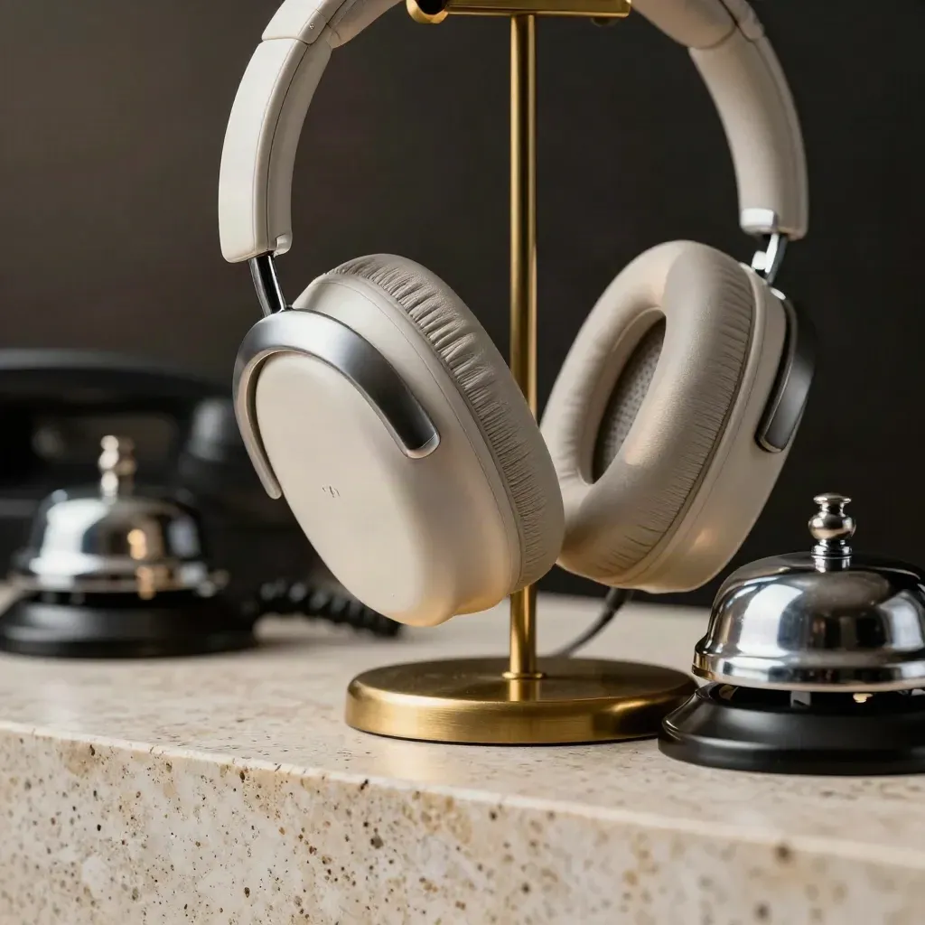 Macro still life of a headset on brass stand beside a desk phone and call bell.