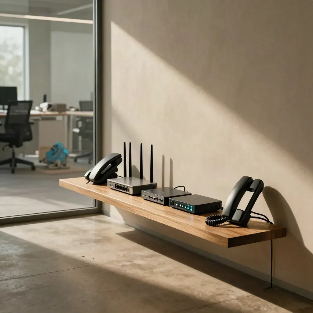Empty office telecom corner with router, access point, and four desk-phone bases glowing in warm light.