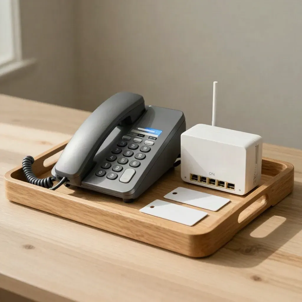 Top-down telecom setup still life with phone base, router, ONT and blank tags on pale wood.