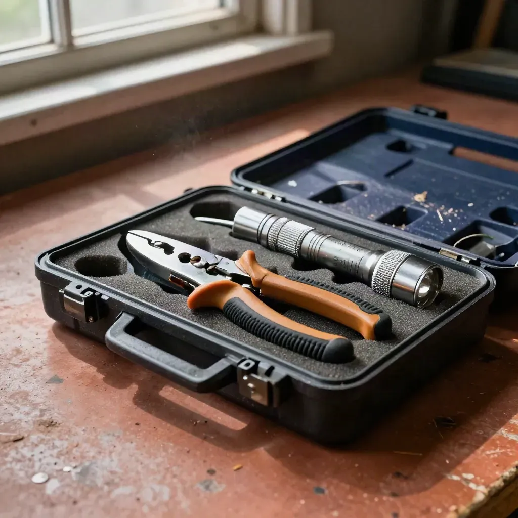 Open field case with cable tester, punch-down tool, and flashlight on a dusty workbench.
