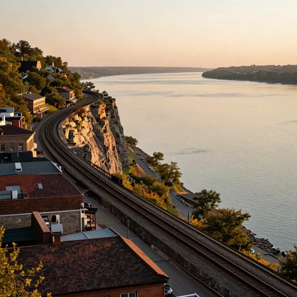 Hudson overlook at sunset with the Palisades, rail lines, rooftops, and river haze.