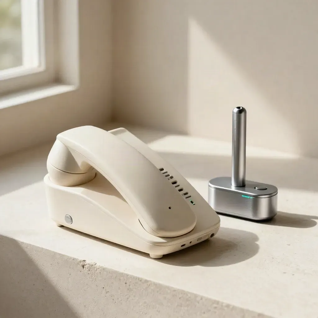 Desk phone, headset dock, and status module glowing in sequence on an off-white plaster sweep.