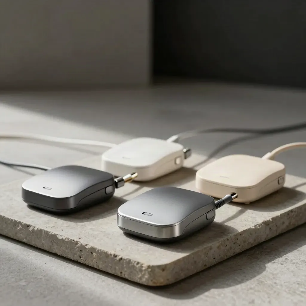 Three miniature phone bases linked by patch cords on a stone tray, seen from above.