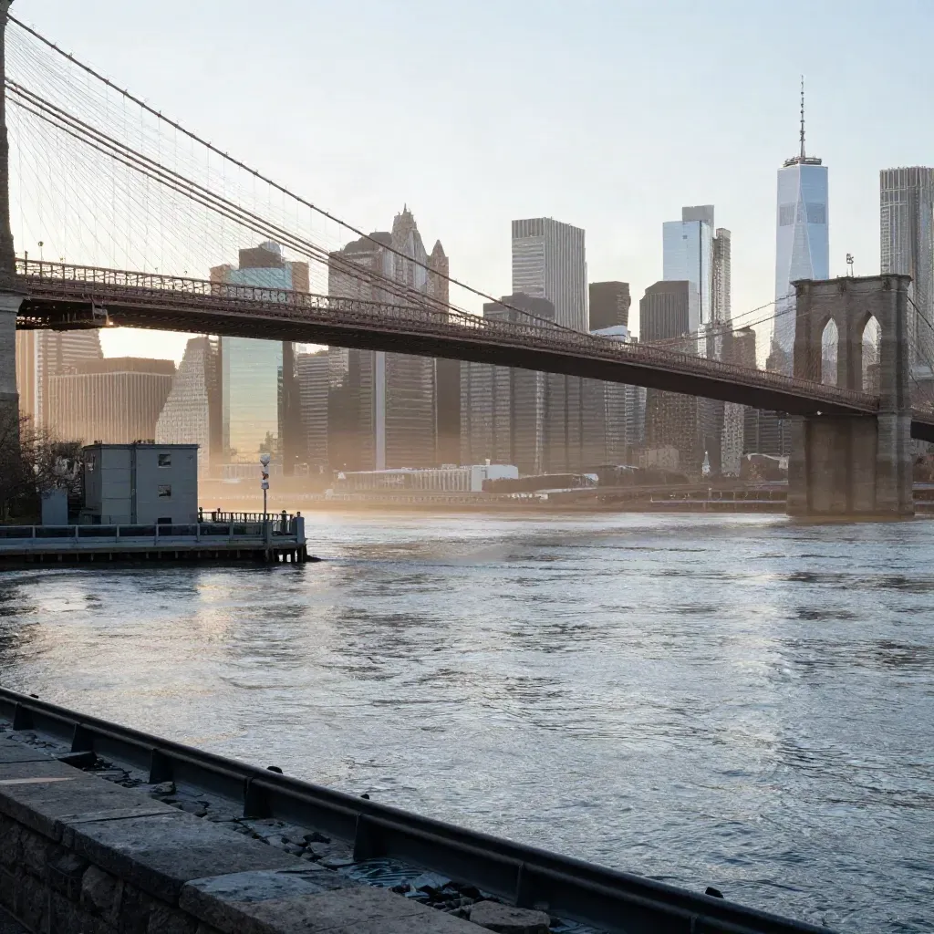 Manhattan skyline at dawn over the East River with bridge cables and mist
