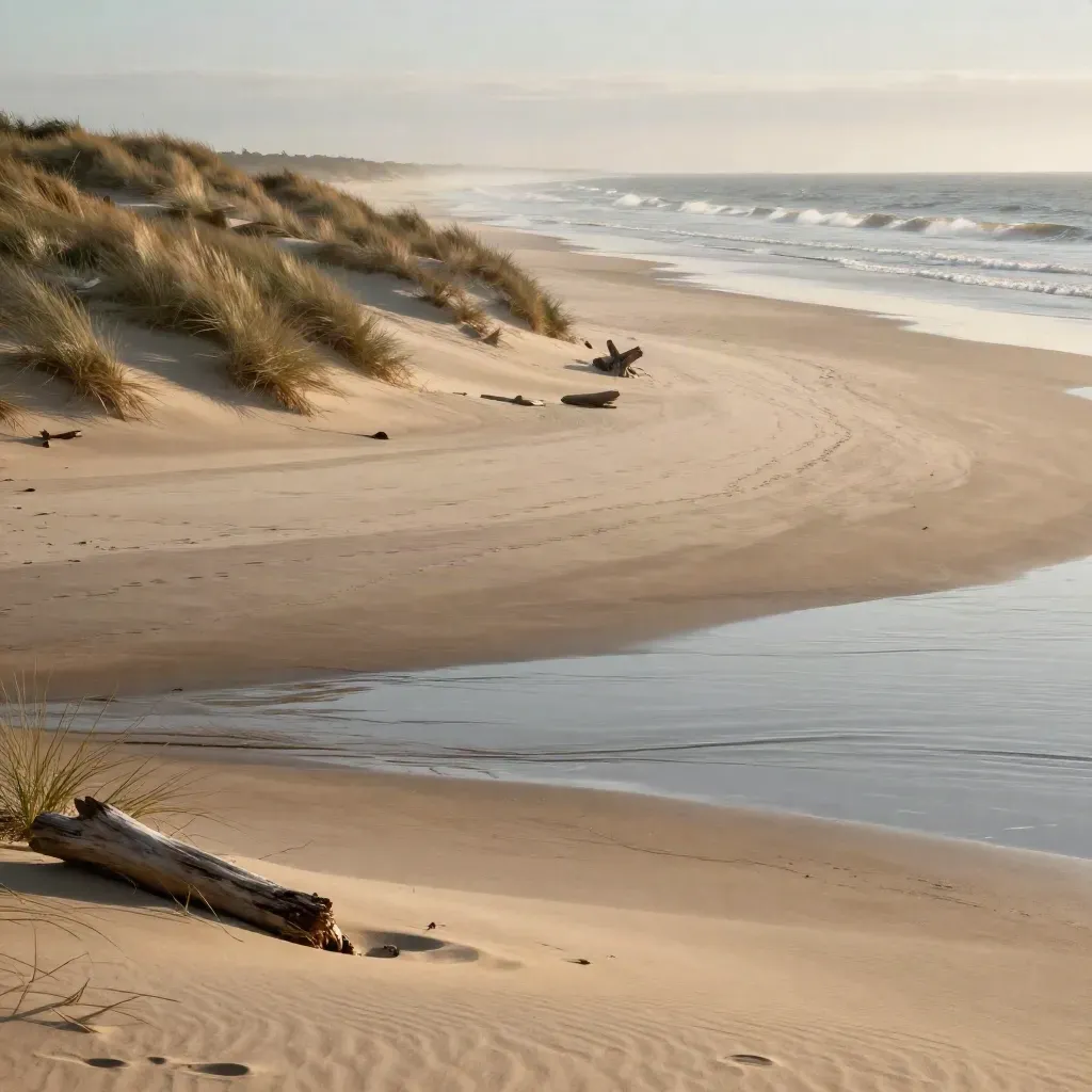 Fire Island dunes and Atlantic surf under warm haze with calm sand for copy