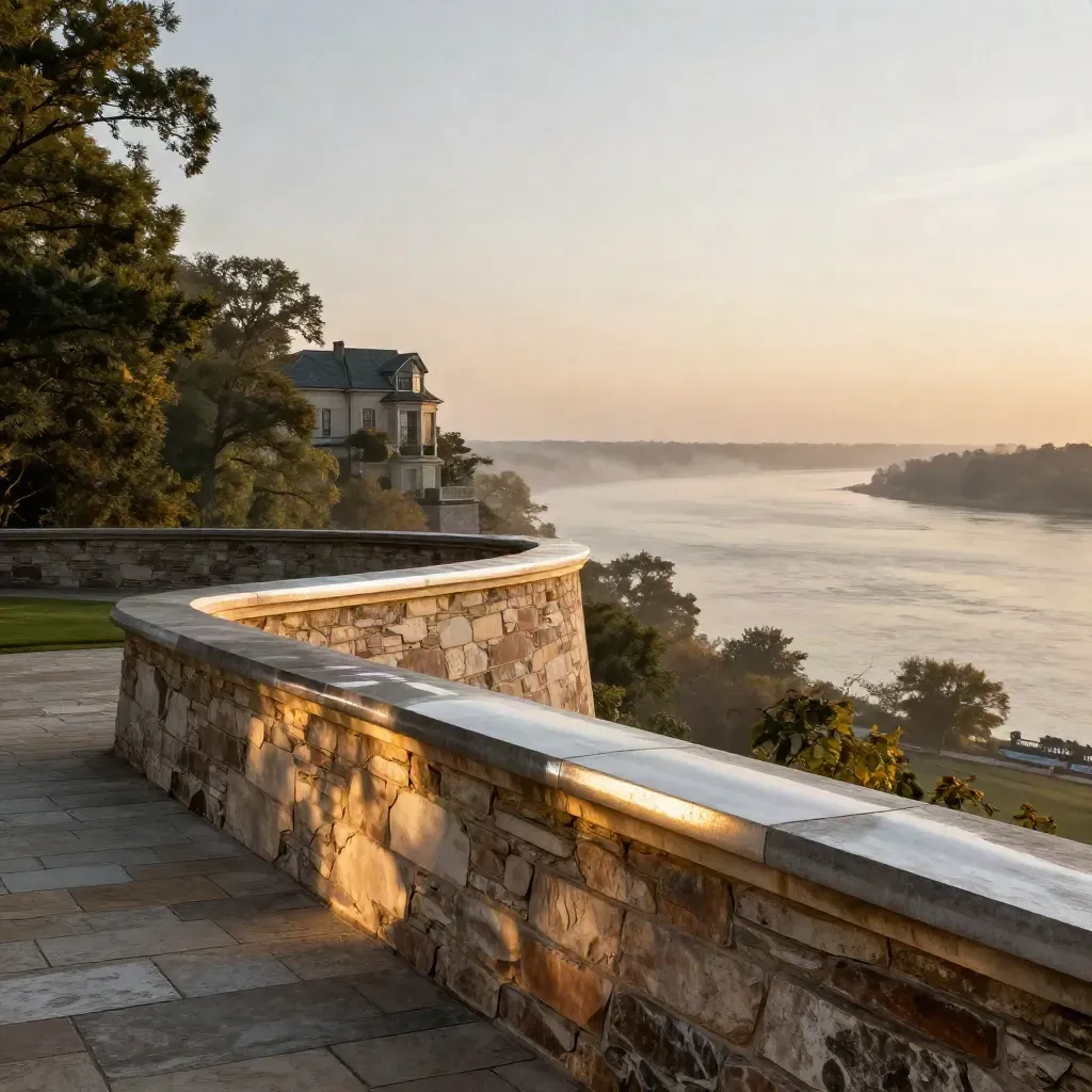 Stone overlook above the Hudson, roofline and trees high, hazy calm space below for copy