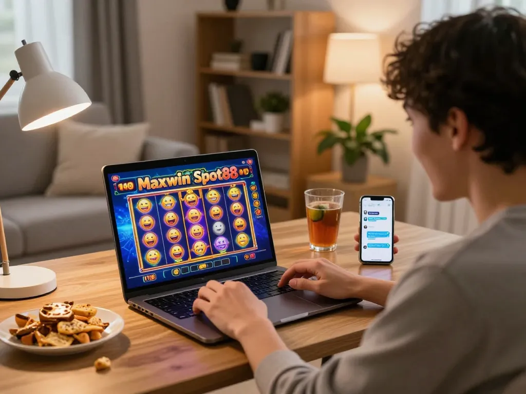 Engaging player immersing in an online slot gacor game titled Maxwin Slot88.