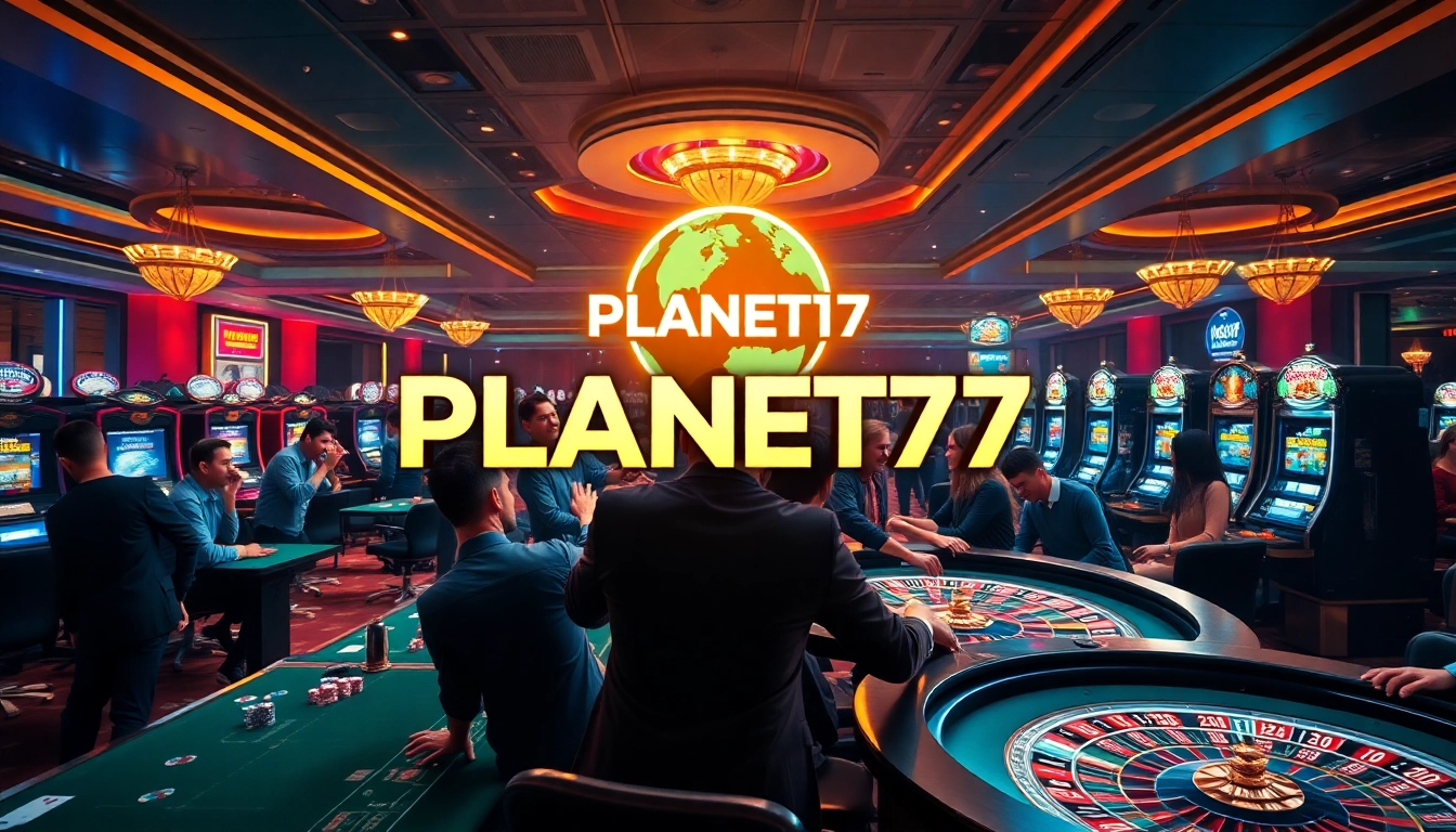Bermain di kasino PLANET77 yang berwarna-warni dengan pemain bersemangat dan meja permainan.