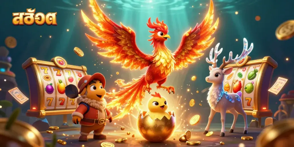 Engage with the vibrant world of สล็อต, featuring a phoenix and dynamic slot elements in a rich 3D illustration.