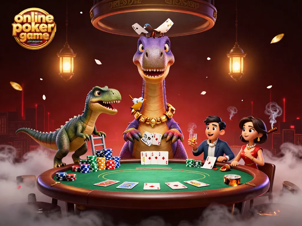 Engage in the exciting online poker game Singapore with a colorful 3D illustration featuring a dinosaur dealer.