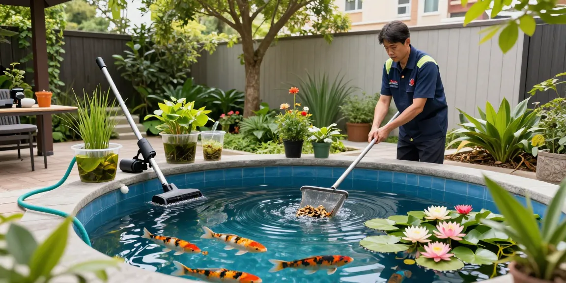 Pond Clean London service professional maintaining a backyard koi pond with tools and lush garden surroundings.