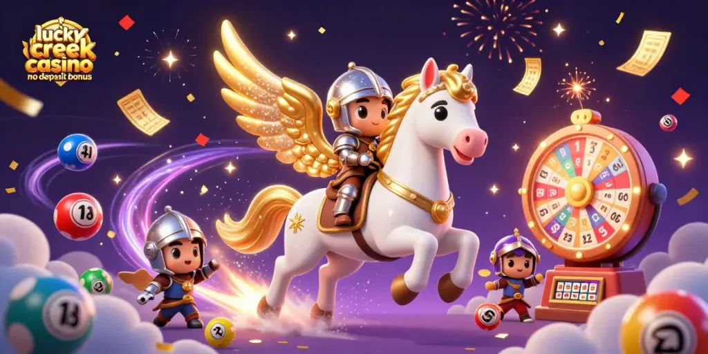 Experience the excitement of winning with Lucky Creek casino no deposit bonus illustrated in vibrant colors and dynamic action.
