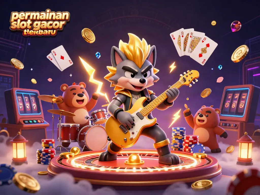 Permainan slot gacor terbaru ditampilkan melalui ilustrasi 3D dinamis yang menampilkan karakter kasino dan elemen permainan.