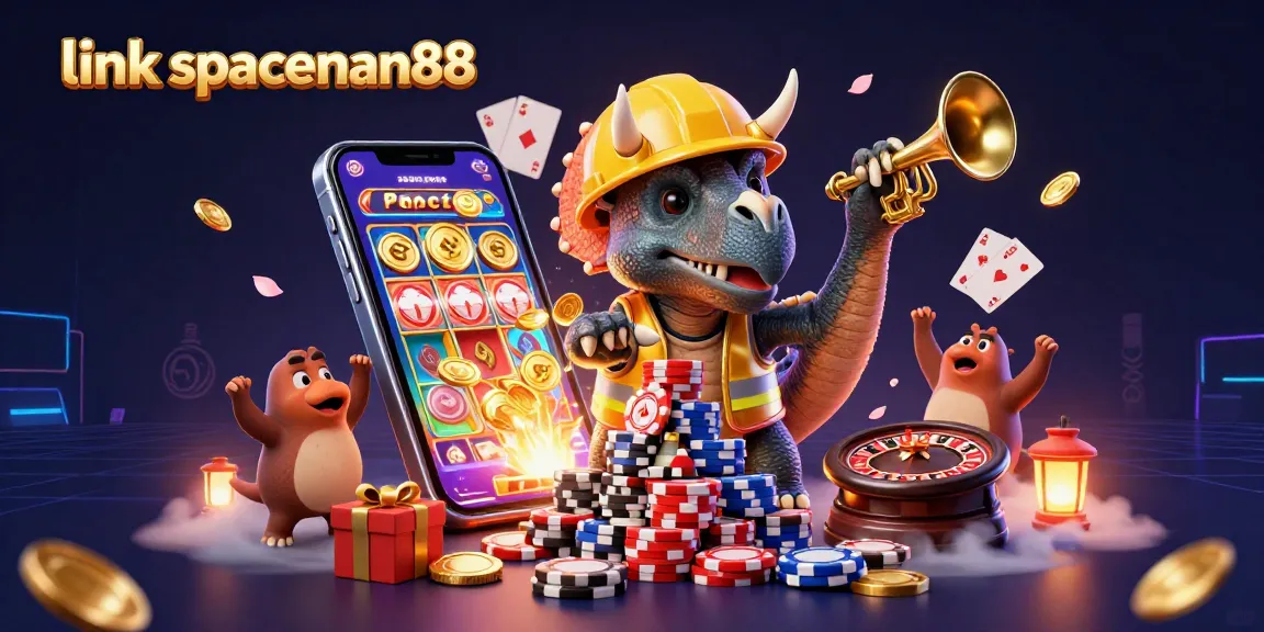 Experience thrill with link spaceman88 as characters celebrate while piling poker chips in a vibrant casino.