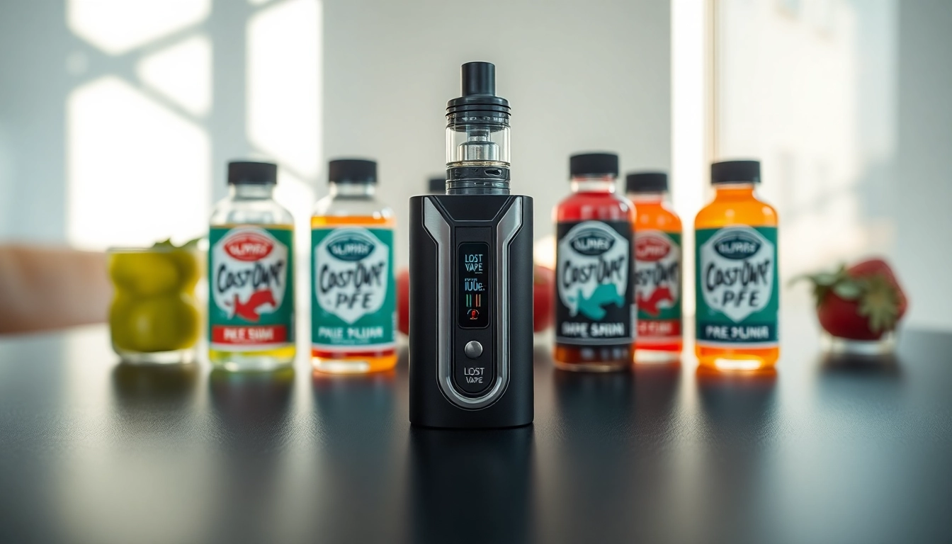 Showcasing the Lost Vape Orion device with colorful vape juices, emphasizing sleek design.
