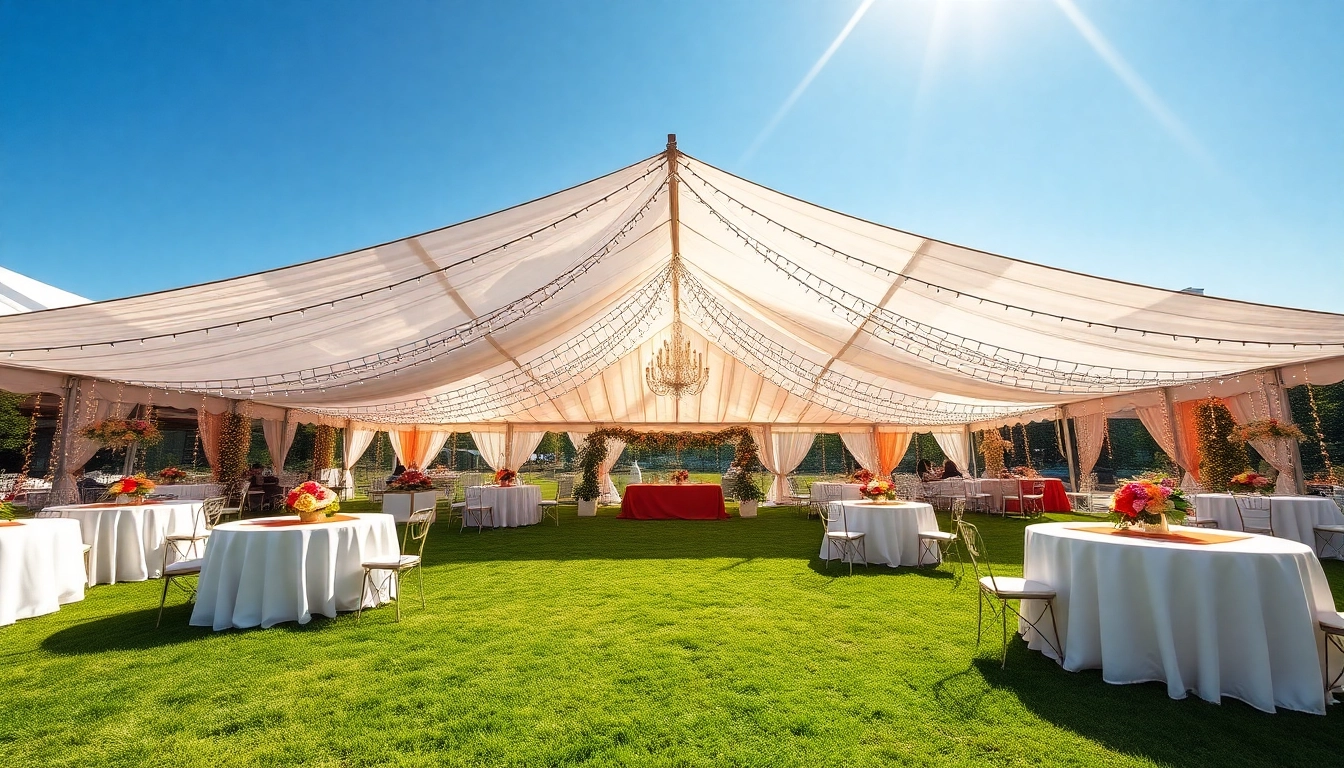 Explore our stunning party tent rentals set up for celebrations in a vibrant outdoor setting.
