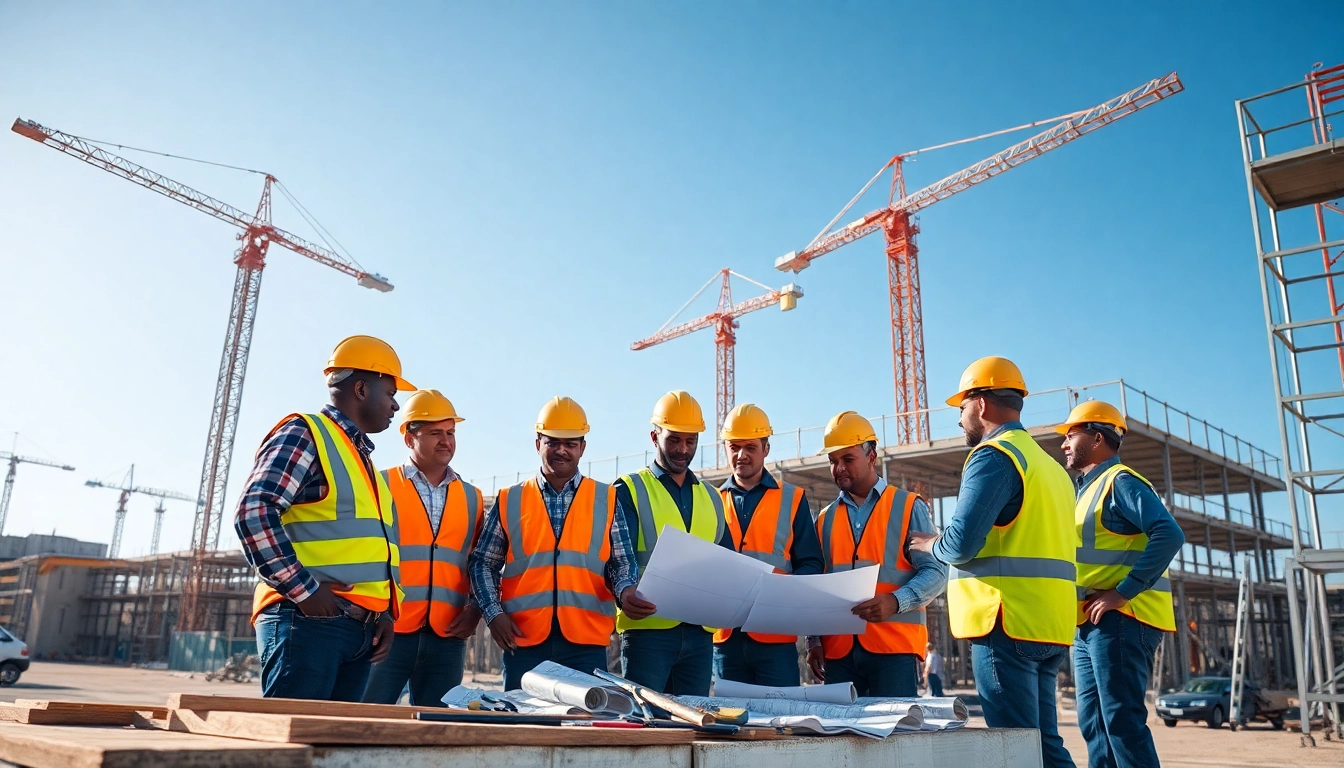 Enhancing construction site safety with workers in safety gear collaborating over blueprints.