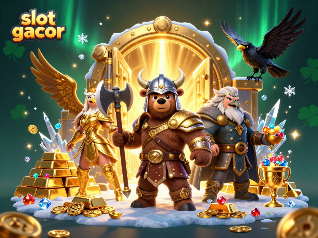 Jelajahi dunia slot gacor dengan ilustrasi kasino yang memukau dan elemen permainan yang berkilauan.