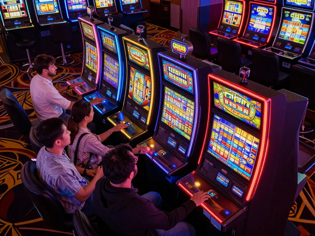 Players spinning vibrant slot machines for big wins in a lively casino atmosphere