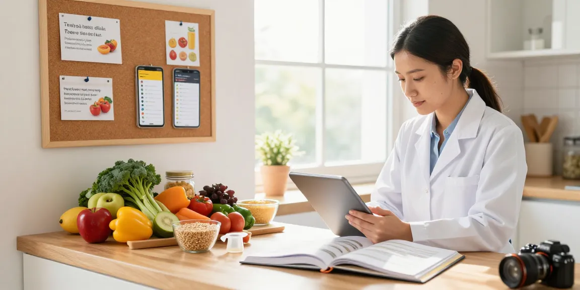 Nutritionist demonstrating the best food tracker with fresh ingredients and meal planning tools in a bright kitchen.