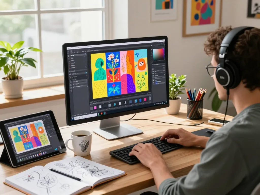Digital artist immersed in creative process using Nano Banana Pro AI editor in a vibrant workspace.