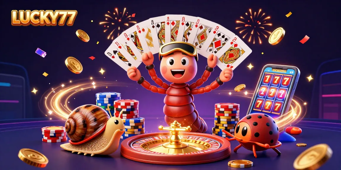 LUCKY77 showcases an exciting dealer scene in a vibrant casino illustration.