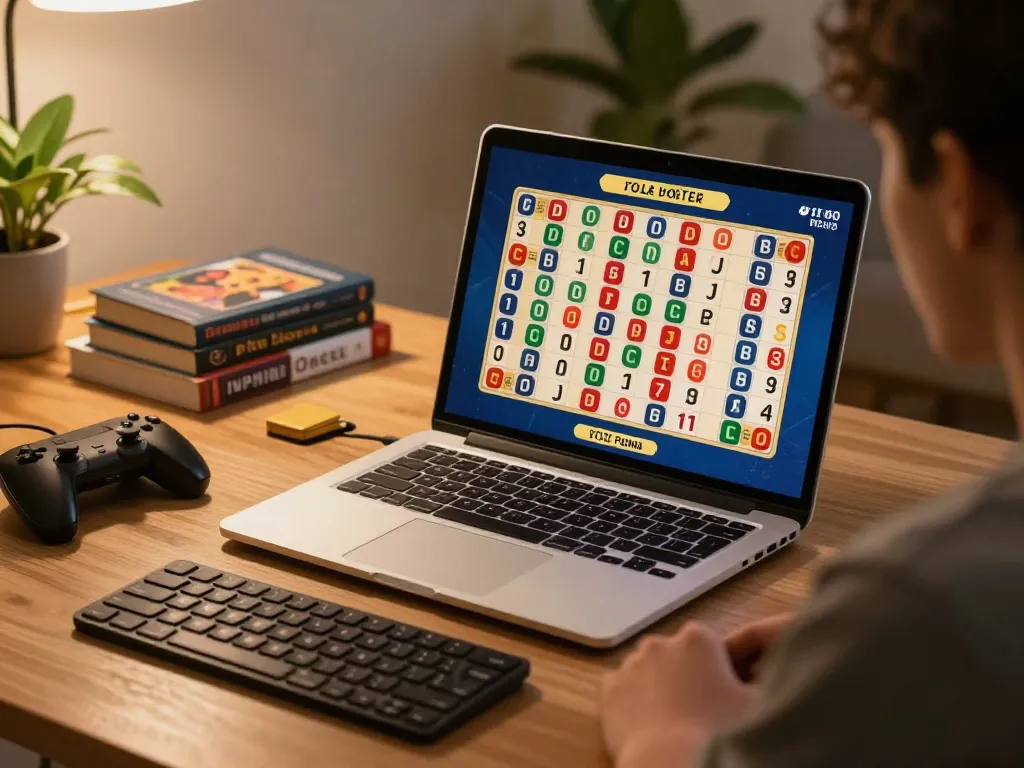 Pemain terlibat dalam toto togel di laptop dengan pengaturan nyaman dan buku strategi di dekatnya