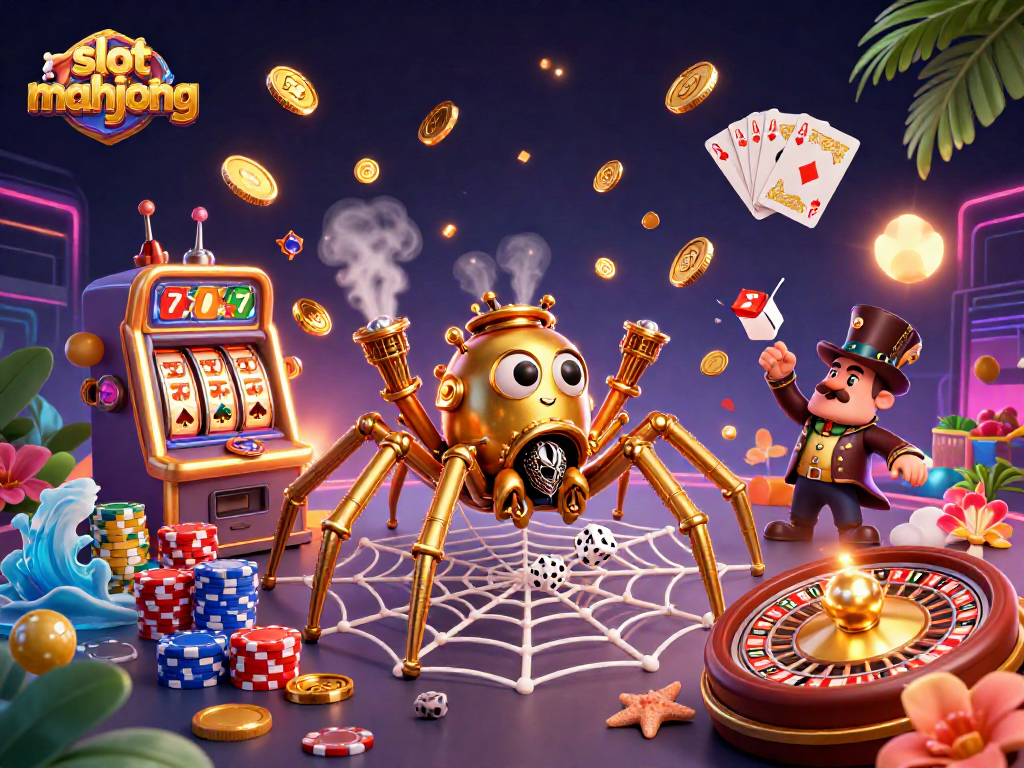 Menangkan slot mahjong dengan karakter kartun 3D mengelilingi chip poker dan koin emas.