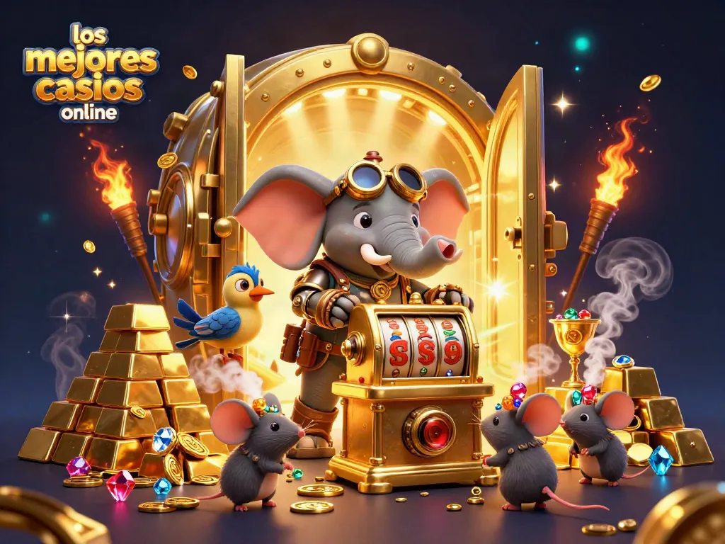 Descubre los mejores casinos online con un ingeniero elefante operando una tragamonedas dorada rodeado de tesoros.