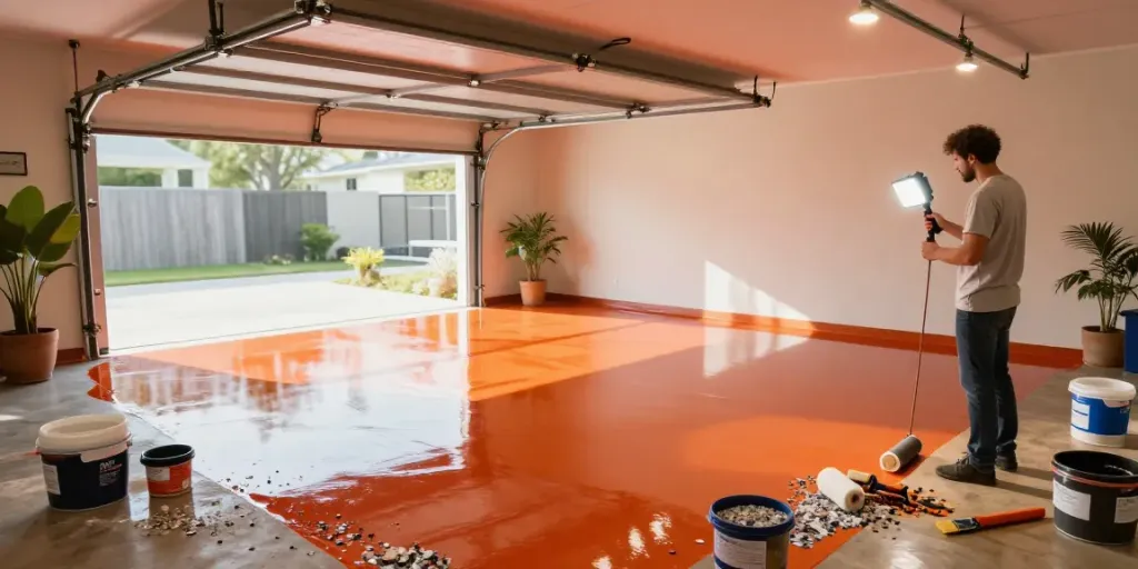 ElevateEpoxyFlooring.com showcases a homeowner inspecting new epoxy flooring with colorful flakes in a bright garage.