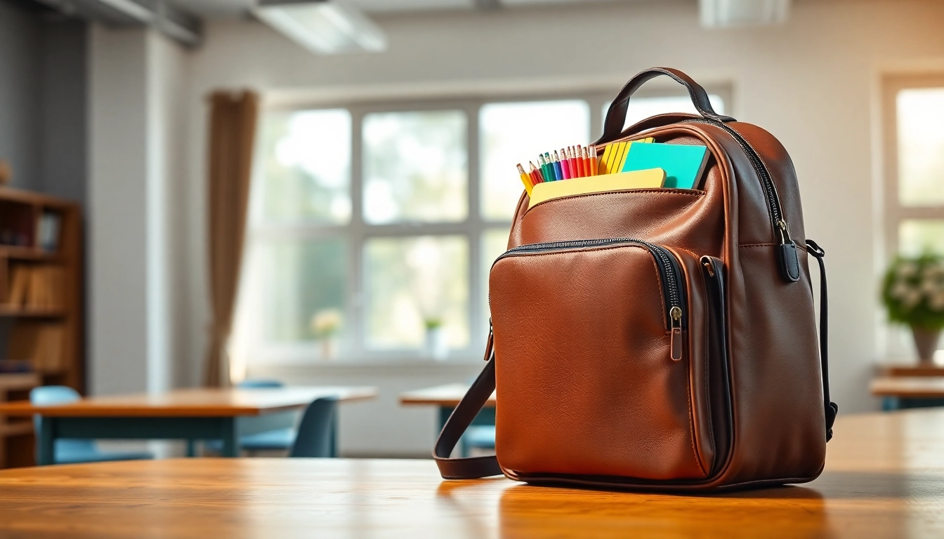 Praktische Handtasche für Schulen mit Schulmaterialien auf einem Tisch.