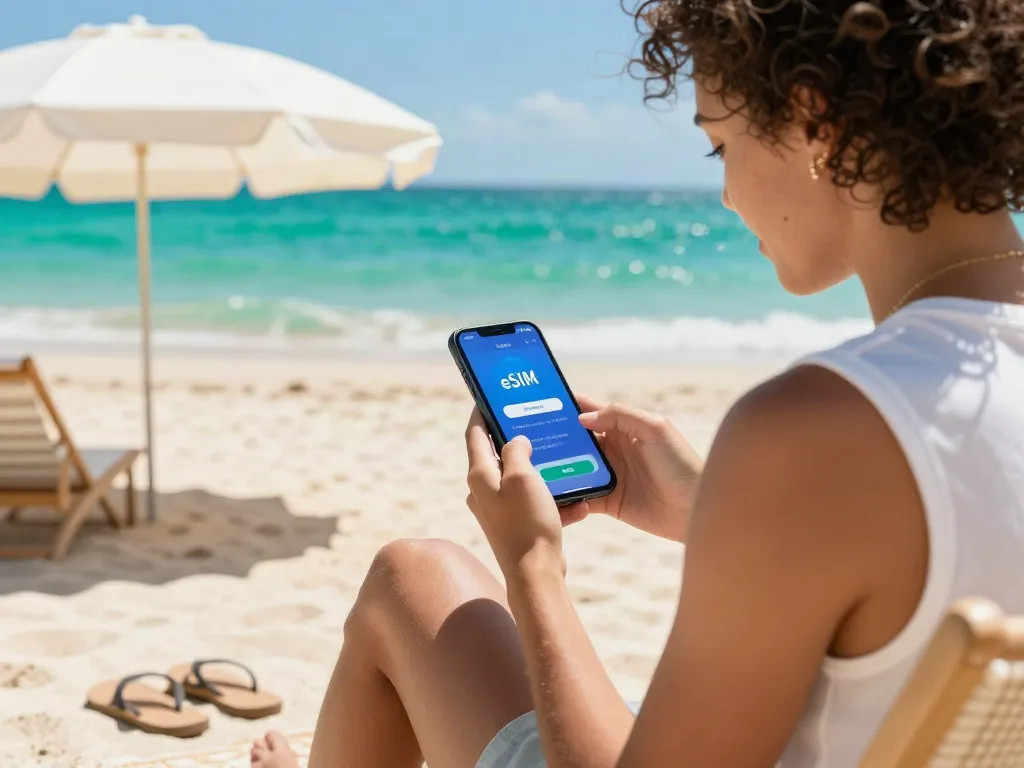 הנאה מ-eSIM לחו"ל בחוף טרופי עם חיבור סלולרי נוח